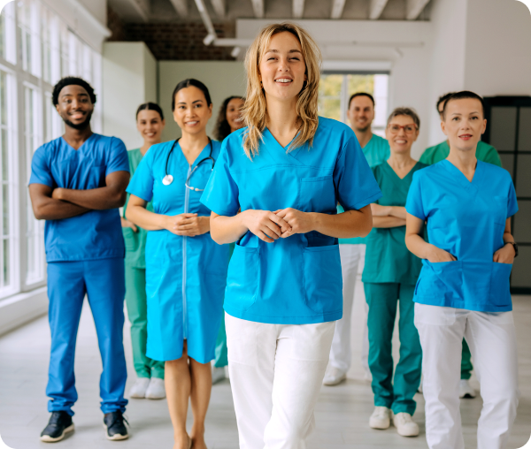 Diverse medical team in bright room